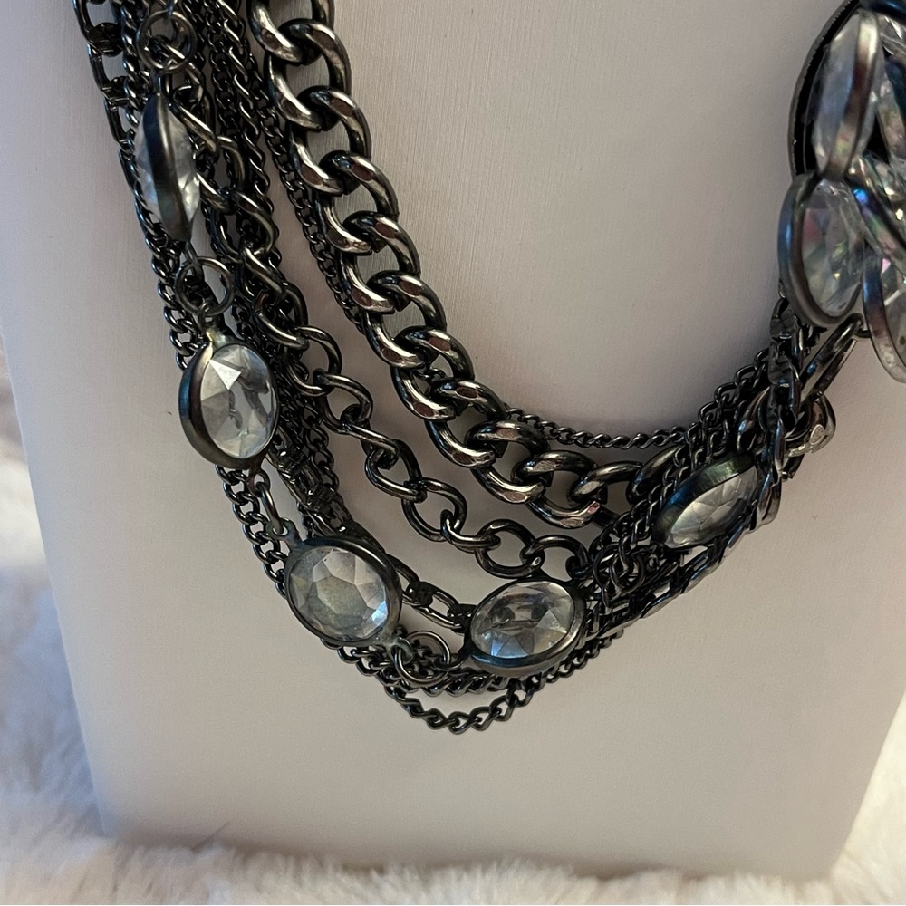 Vera Wang Multi-Strand Silver & Gunmetal Crystal Necklace With Rhinestone Flower - Picture 7 of 16